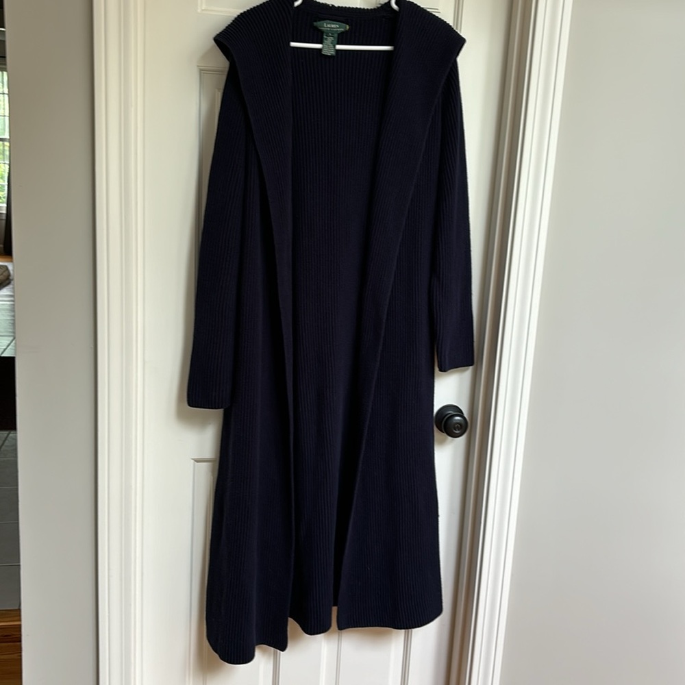 Vintage Lauren Ralph Lauren Womens Size L Blue Ribbed Knit Long Cardigan Sweater